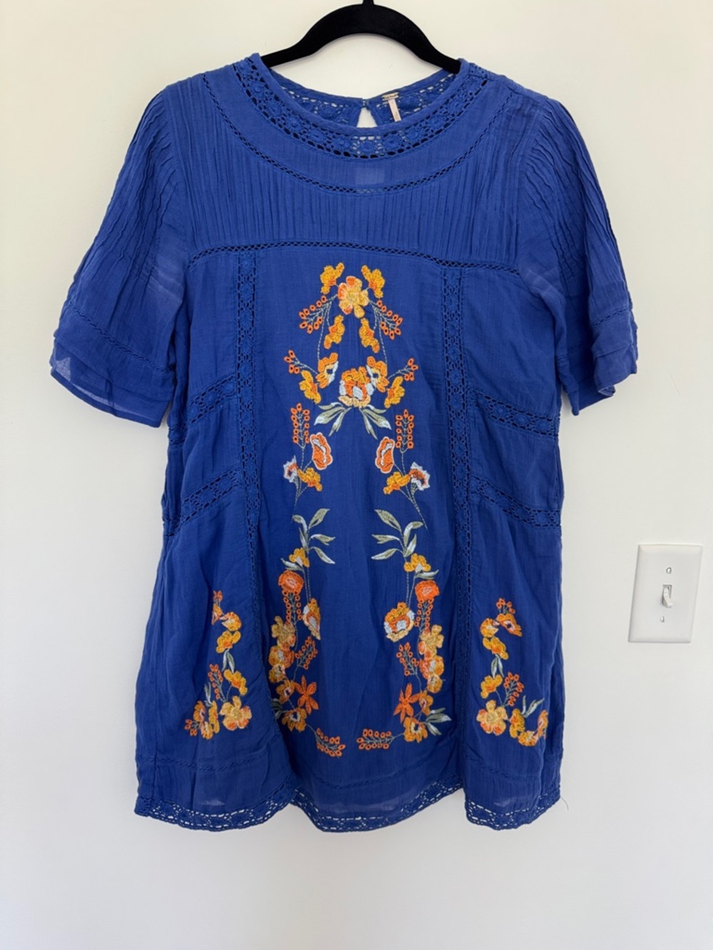 Free People Blue Tunic Dress with Orange Floral Embroidery - Size XS